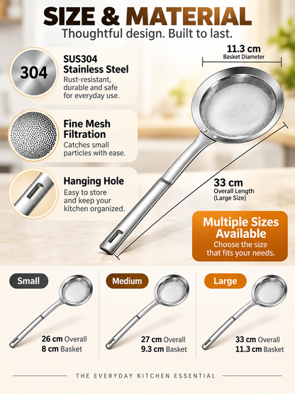 🍳 Kitchen Deal – SUS304 Fine-Mesh Oil Skimmer 🥄 Stainless Steel Strainer Spoon for Soups, Frying & Everyday Cooking ✨
