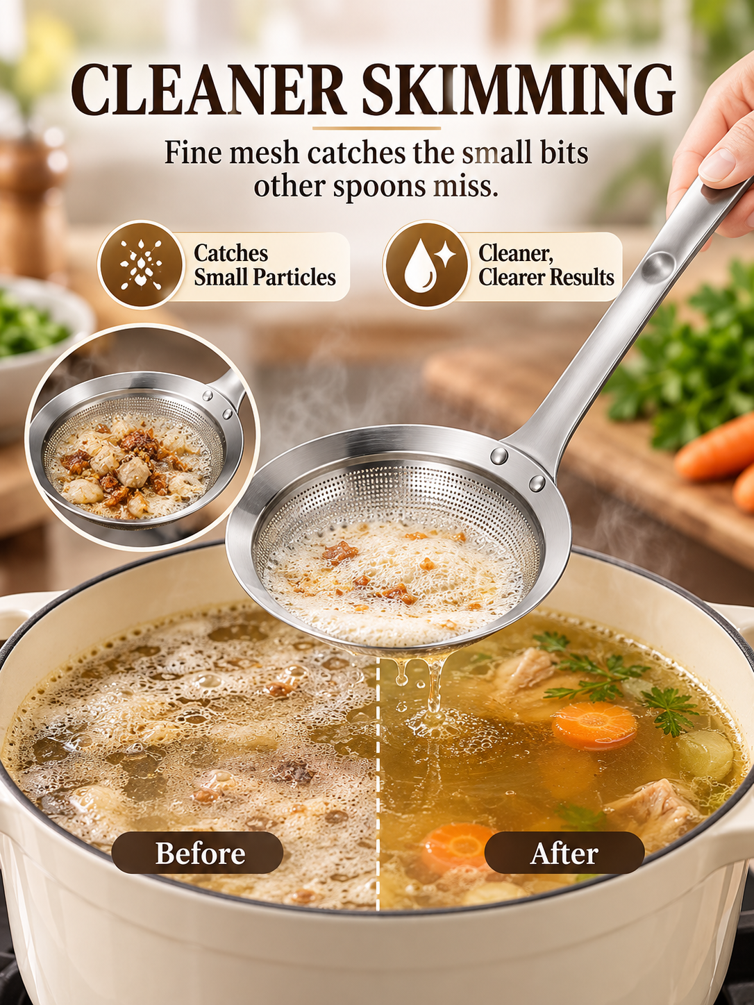 🍳 Kitchen Deal – SUS304 Fine-Mesh Oil Skimmer 🥄 Stainless Steel Strainer Spoon for Soups, Frying & Everyday Cooking ✨