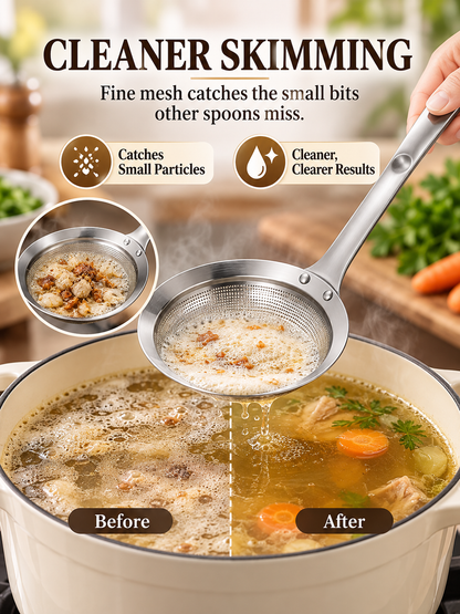 🍳 Kitchen Deal – SUS304 Fine-Mesh Oil Skimmer 🥄 Stainless Steel Strainer Spoon for Soups, Frying & Everyday Cooking ✨
