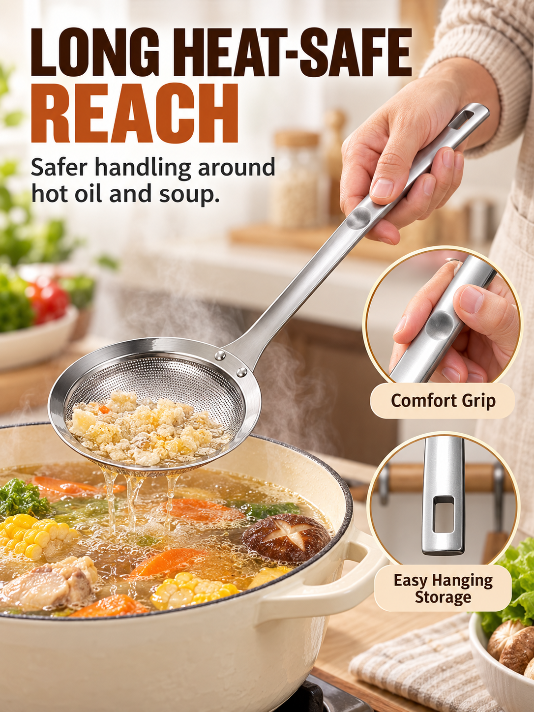 🍳 Kitchen Deal – SUS304 Fine-Mesh Oil Skimmer 🥄 Stainless Steel Strainer Spoon for Soups, Frying & Everyday Cooking ✨