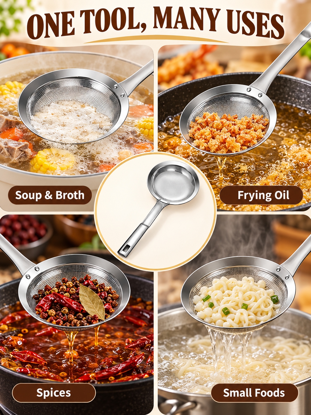 🍳 Kitchen Deal – SUS304 Fine-Mesh Oil Skimmer 🥄 Stainless Steel Strainer Spoon for Soups, Frying & Everyday Cooking ✨