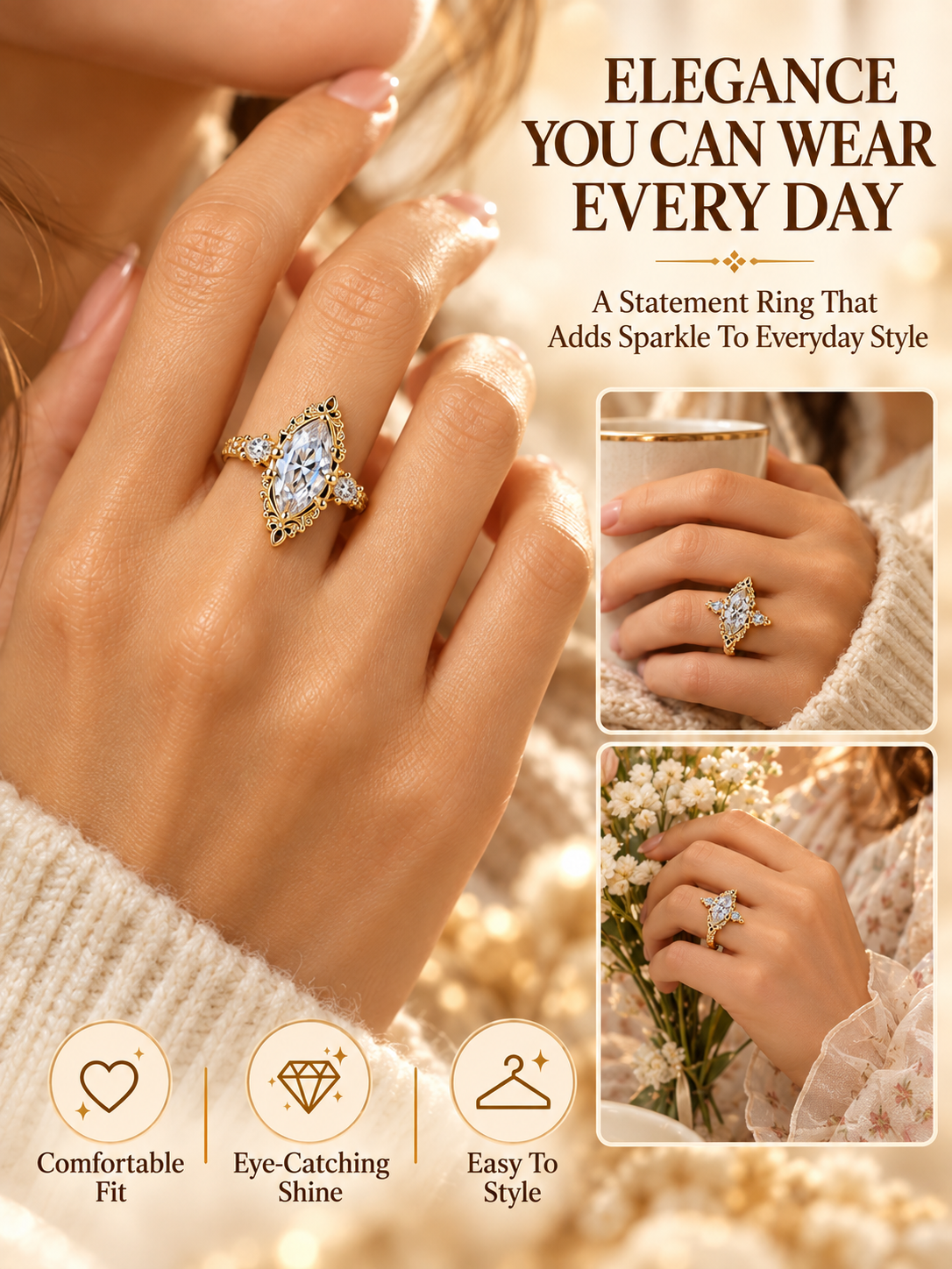 💍 Bridal Jewelry Deal – Vintage Marquise Engagement Ring ✨ Elegant Double-Prong Setting with Sparkling Side Stones for Her 💎