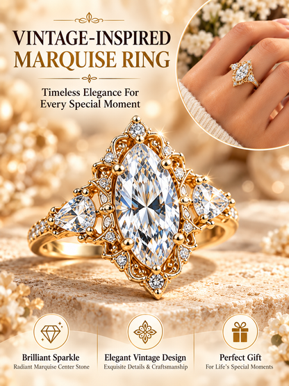 💍 Bridal Jewelry Deal – Vintage Marquise Engagement Ring ✨ Elegant Double-Prong Setting with Sparkling Side Stones for Her 💎