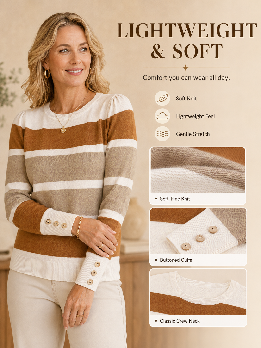 🍂👚 Trendy Women’s Sweater 💕 Soft Knit Long Sleeve Pullover Button Cuff Dressy Casual Top