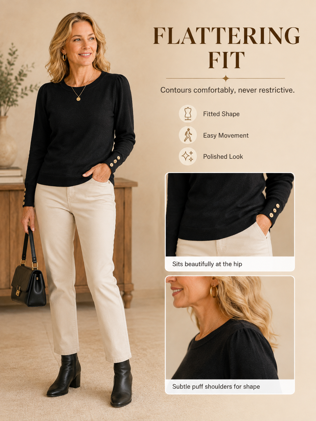 🍂👚 Trendy Women’s Sweater 💕 Soft Knit Long Sleeve Pullover Button Cuff Dressy Casual Top
