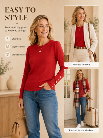 🍂👚 Trendy Women’s Sweater 💕 Soft Knit Long Sleeve Pullover Button Cuff Dressy Casual Top
