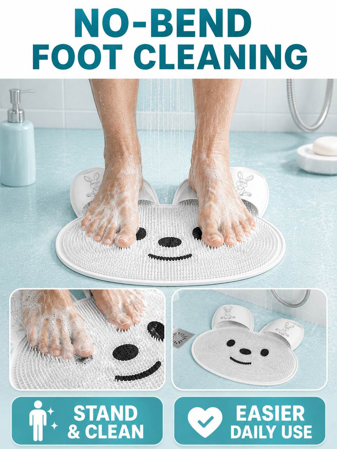 🦶🫧 Foot Cleaning Mat 🐰 Soft Silicone Exfoliating Shower Mat with Massage Bristles & Non Slip Suction Cups