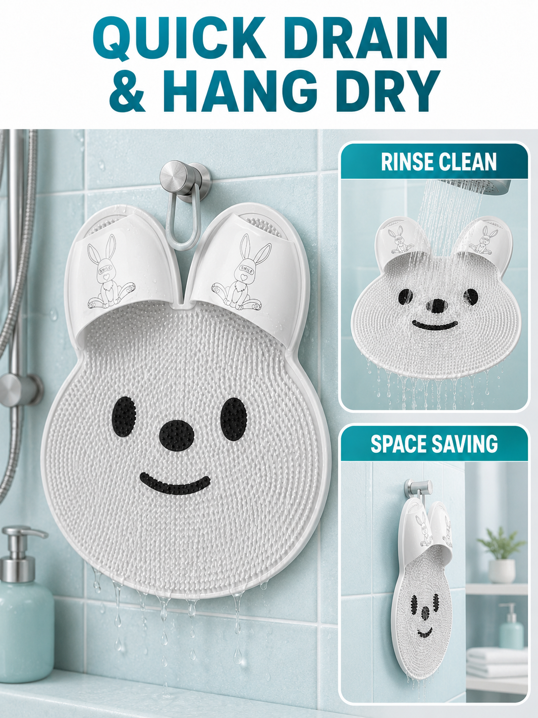 🦶🫧 Foot Cleaning Mat 🐰 Soft Silicone Exfoliating Shower Mat with Massage Bristles & Non Slip Suction Cups
