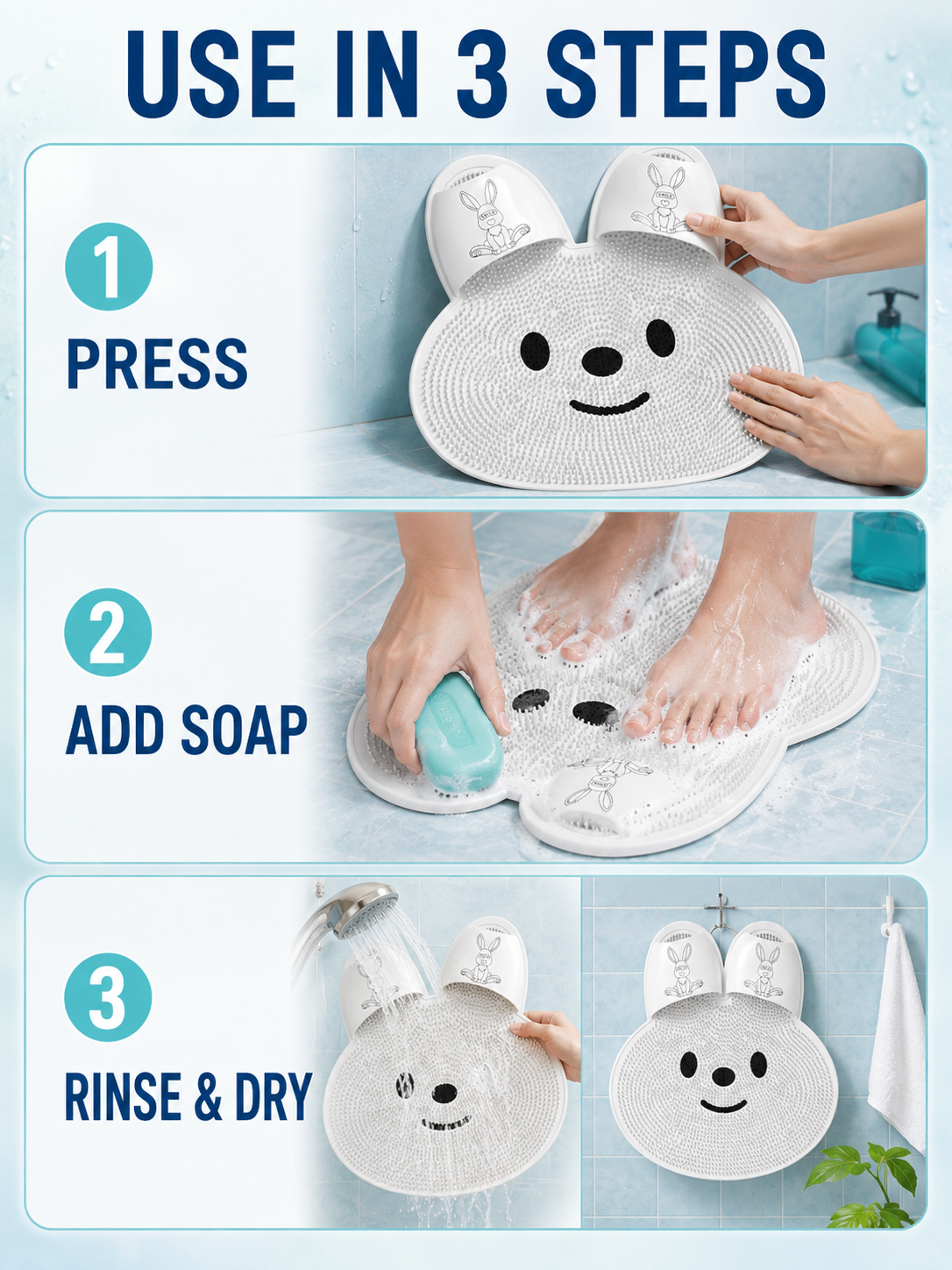 🦶🫧 Foot Cleaning Mat 🐰 Soft Silicone Exfoliating Shower Mat with Massage Bristles & Non Slip Suction Cups