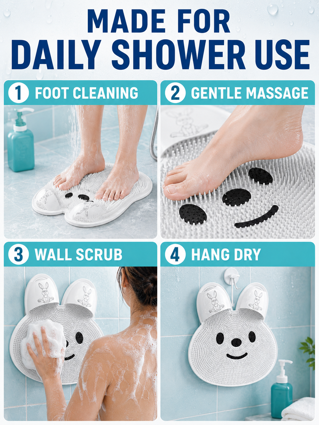 🦶🫧 Foot Cleaning Mat 🐰 Soft Silicone Exfoliating Shower Mat with Massage Bristles & Non Slip Suction Cups