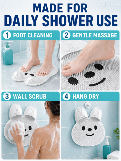 🦶🫧 Foot Cleaning Mat 🐰 Soft Silicone Exfoliating Shower Mat with Massage Bristles & Non Slip Suction Cups