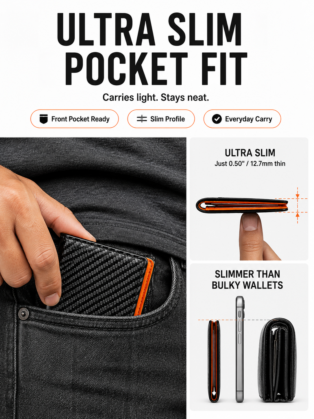 💼 Premium Slim Wallet 🎁🖤 RFID Blocking Leather Bifold Card Holder with Carbon Fiber Design Compact Front Pocket Money Clip