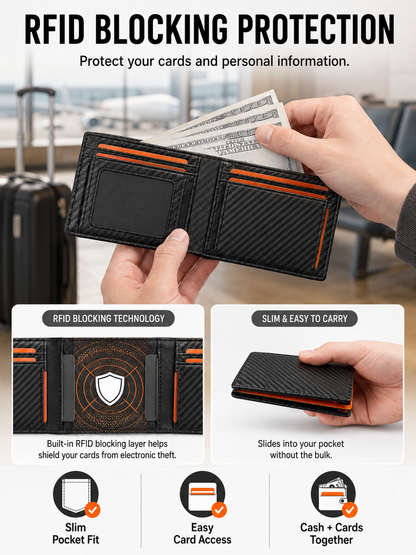 💼 Premium Slim Wallet 🎁🖤 RFID Blocking Leather Bifold Card Holder with Carbon Fiber Design Compact Front Pocket Money Clip