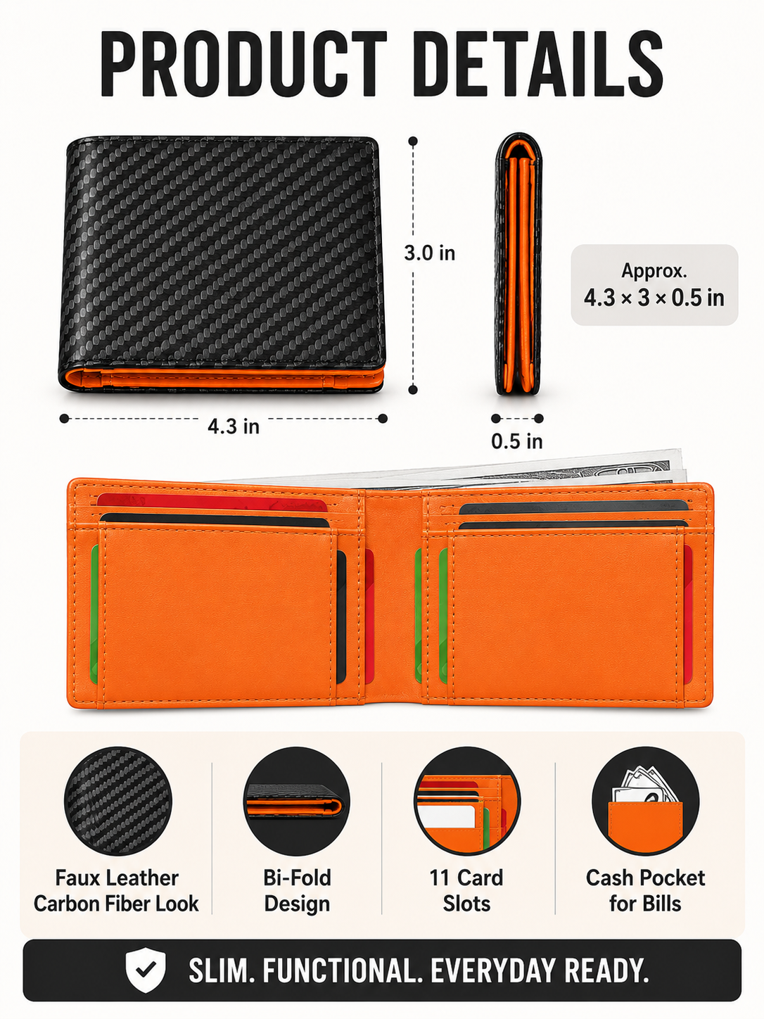 💼 Premium Slim Wallet 🎁🖤 RFID Blocking Leather Bifold Card Holder with Carbon Fiber Design Compact Front Pocket Money Clip