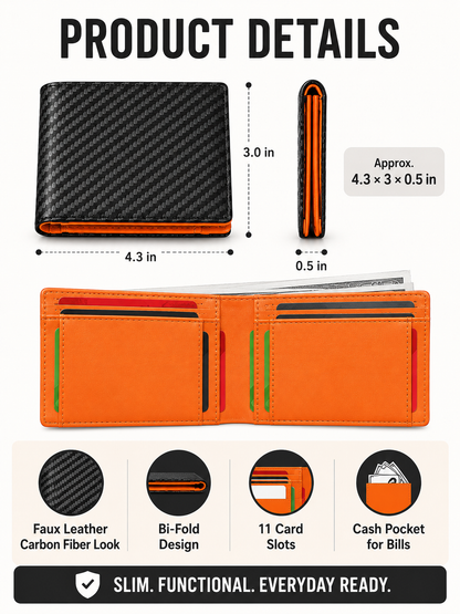 💼 Premium Slim Wallet 🎁🖤 RFID Blocking Leather Bifold Card Holder with Carbon Fiber Design Compact Front Pocket Money Clip
