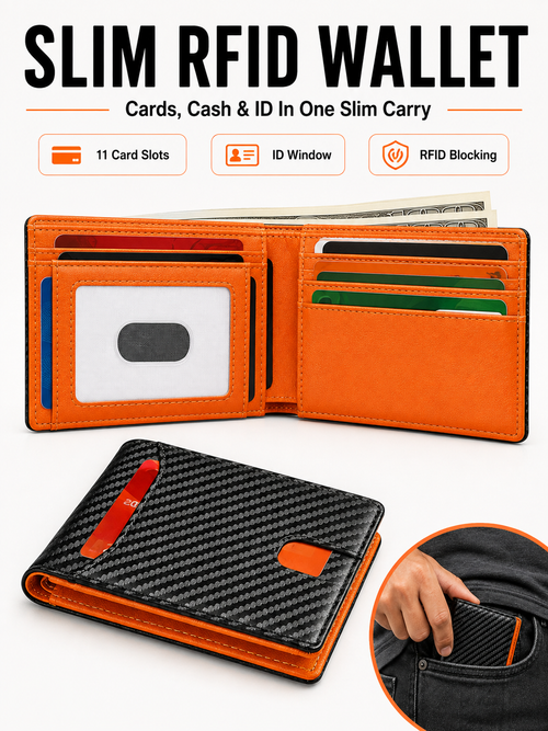 💼 Premium Slim Wallet 🎁🖤 RFID Blocking Leather Bifold Card Holder with Carbon Fiber Design Compact Front Pocket Money Clip