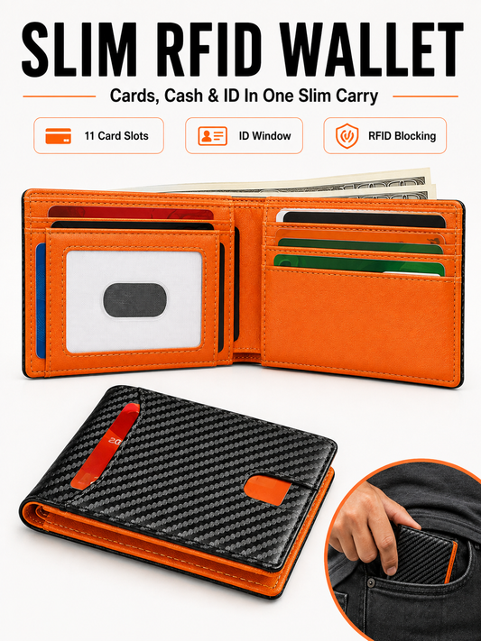 💼 Premium Slim Wallet 🎁🖤 RFID Blocking Leather Bifold Card Holder with Carbon Fiber Design Compact Front Pocket Money Clip