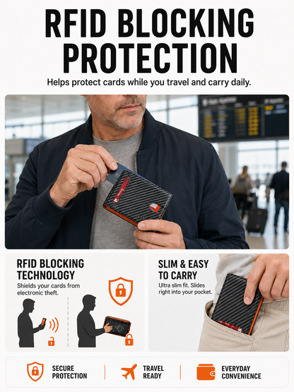 💼 Premium Slim Wallet 🎁🖤 RFID Blocking Leather Bifold Card Holder with Carbon Fiber Design Compact Front Pocket Money Clip