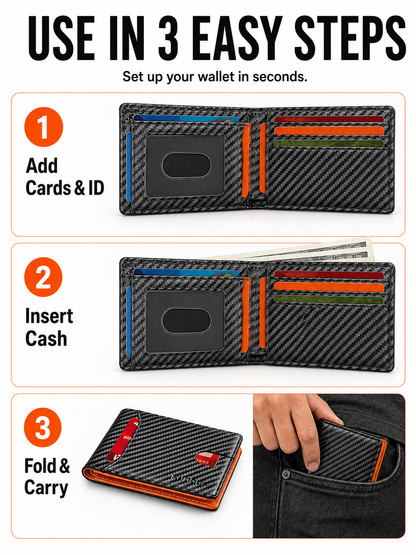 💼 Premium Slim Wallet 🎁🖤 RFID Blocking Leather Bifold Card Holder with Carbon Fiber Design Compact Front Pocket Money Clip