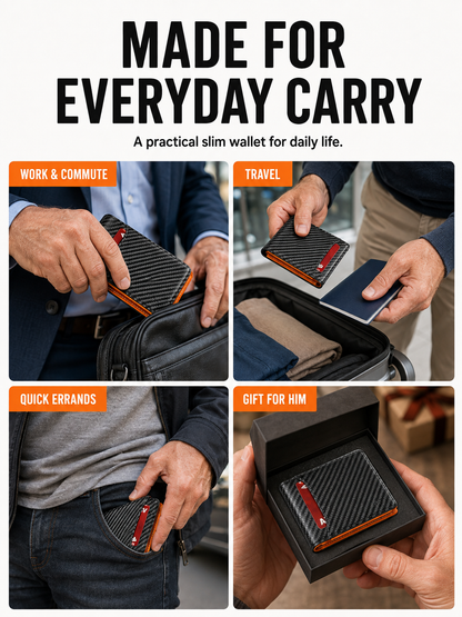 💼 Premium Slim Wallet 🎁🖤 RFID Blocking Leather Bifold Card Holder with Carbon Fiber Design Compact Front Pocket Money Clip
