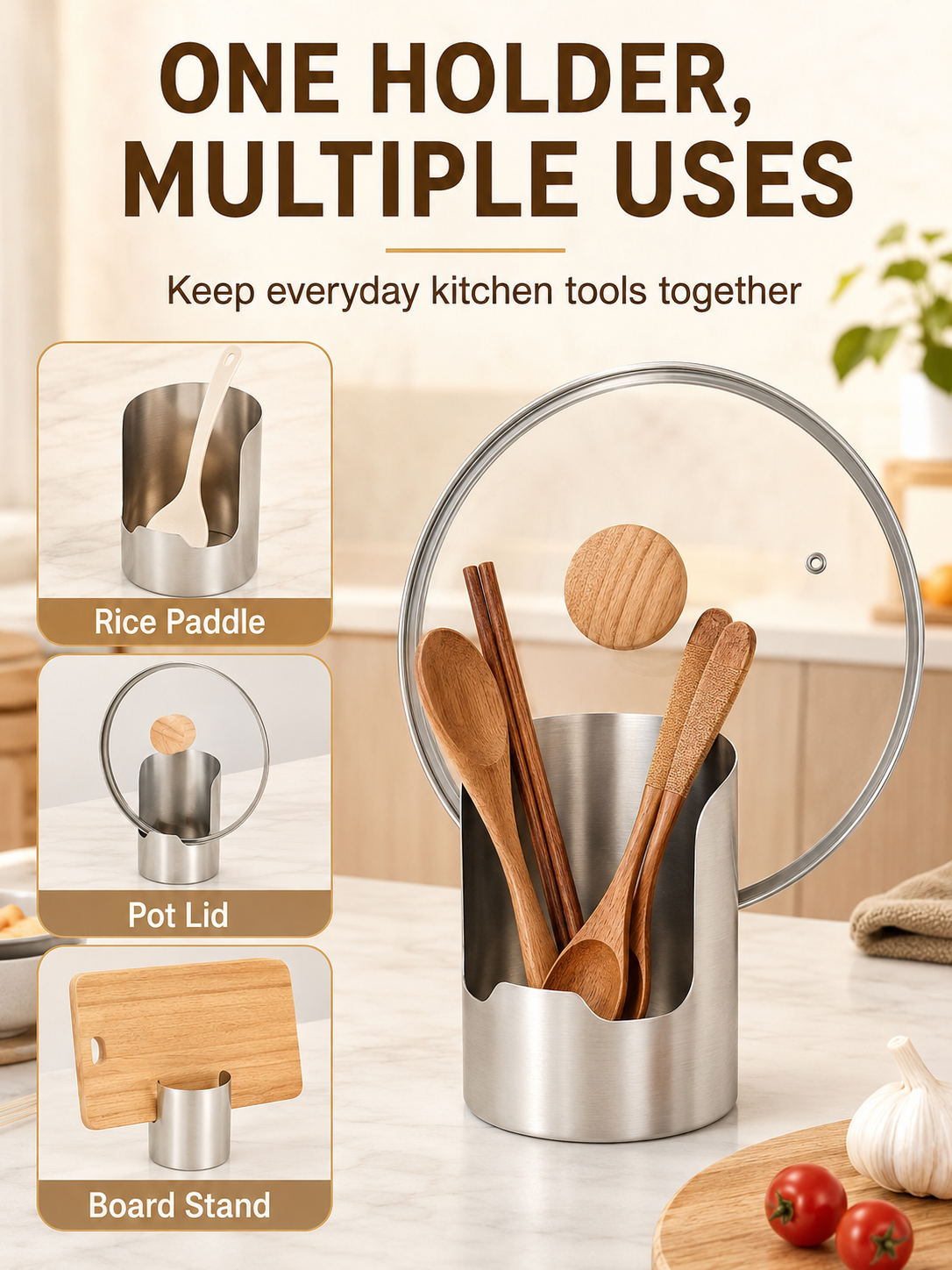 🥄🫕 Smart Kitchen Utensil Holder 🍳 Heavy Duty Stainless Steel Pot Lid & Spoon Rack with Space Saving Countertop Storage