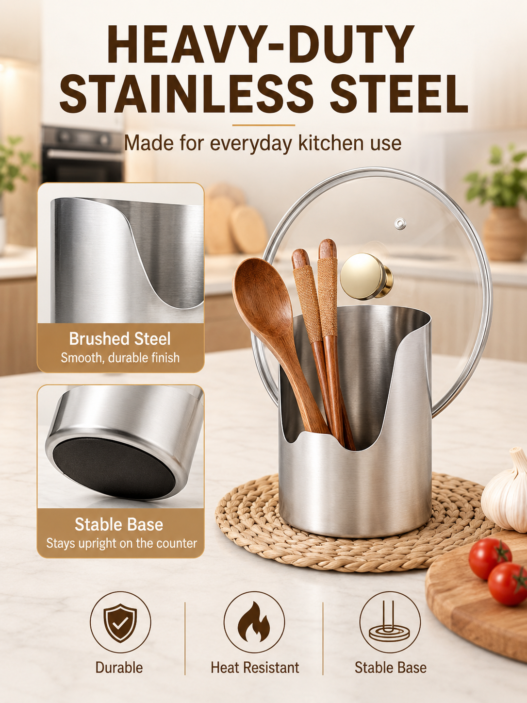 🥄🫕 Smart Kitchen Utensil Holder 🍳 Heavy Duty Stainless Steel Pot Lid & Spoon Rack with Space Saving Countertop Storage