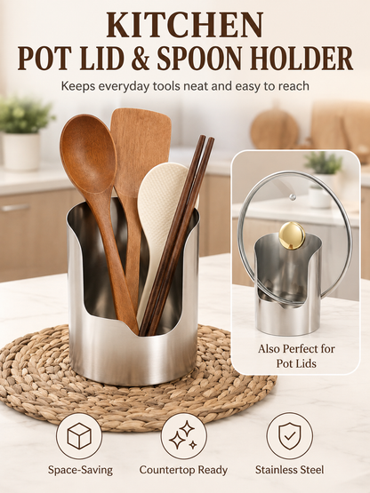 🥄🫕 Smart Kitchen Utensil Holder 🍳 Heavy Duty Stainless Steel Pot Lid & Spoon Rack with Space Saving Countertop Storage