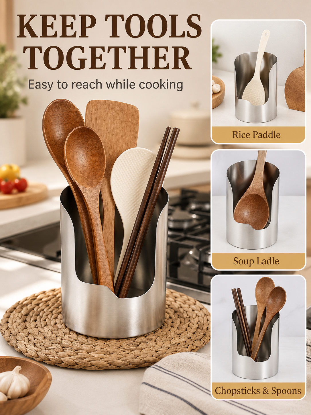 🥄🫕 Smart Kitchen Utensil Holder 🍳 Heavy Duty Stainless Steel Pot Lid & Spoon Rack with Space Saving Countertop Storage