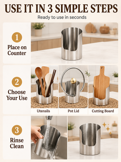 🥄🫕 Smart Kitchen Utensil Holder 🍳 Heavy Duty Stainless Steel Pot Lid & Spoon Rack with Space Saving Countertop Storage
