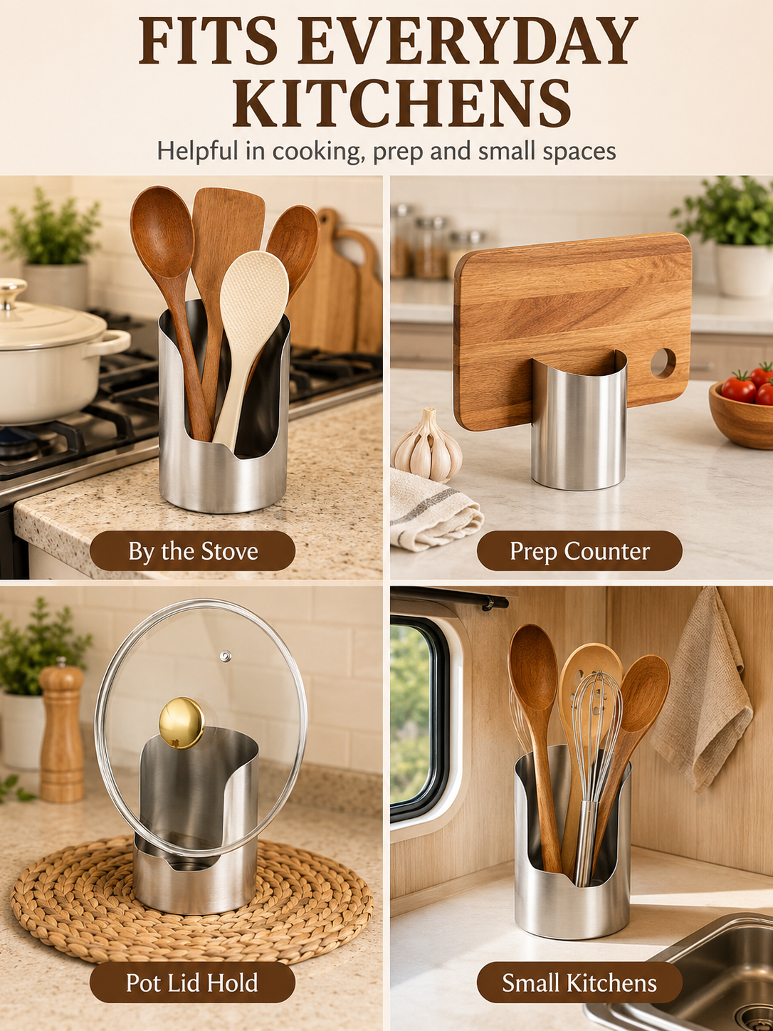 🥄🫕 Smart Kitchen Utensil Holder 🍳 Heavy Duty Stainless Steel Pot Lid & Spoon Rack with Space Saving Countertop Storage