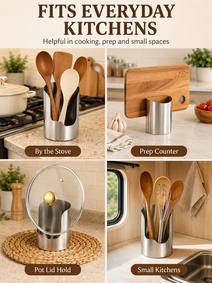 🥄🫕 Smart Kitchen Utensil Holder 🍳 Heavy Duty Stainless Steel Pot Lid & Spoon Rack with Space Saving Countertop Storage