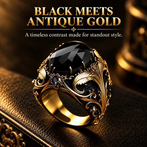 Vintage Gothic Black Gemstone Men's Ring – Ornate Gold Filigree Statement Jewelry