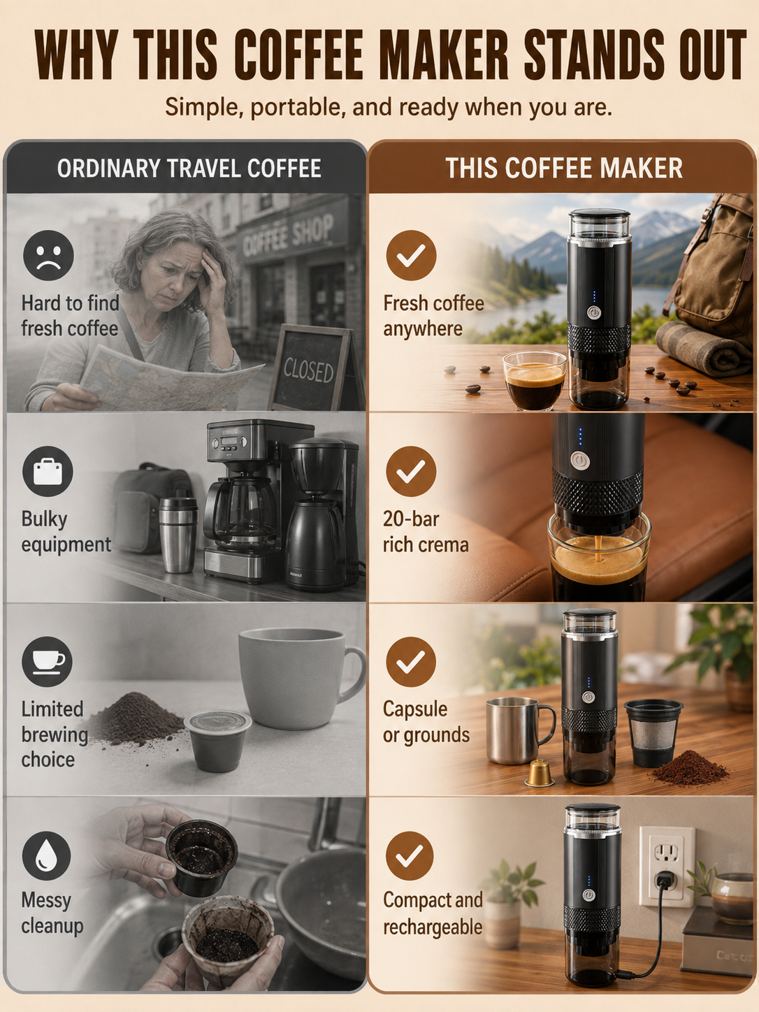 ☕ Portable Espresso Maker 🚀🤎 20 Bar Compact Coffee Machine with USB C Fast Brewing for Home Travel & Office