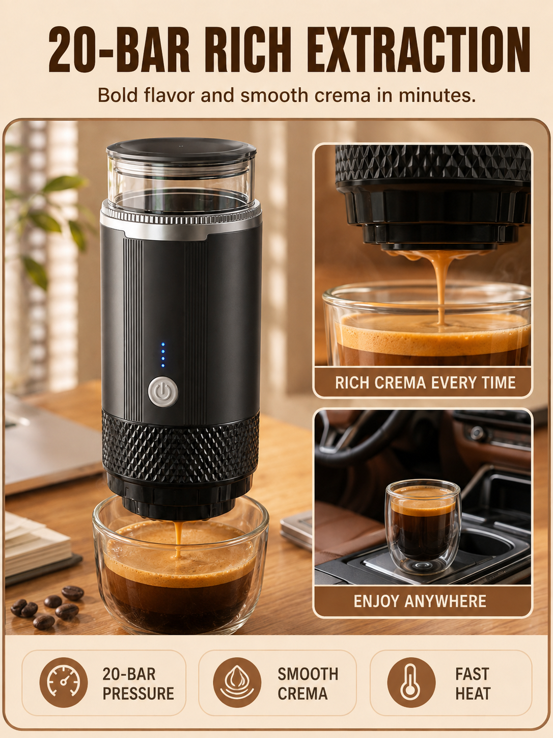 ☕ Portable Espresso Maker 🚀🤎 20 Bar Compact Coffee Machine with USB C Fast Brewing for Home Travel & Office