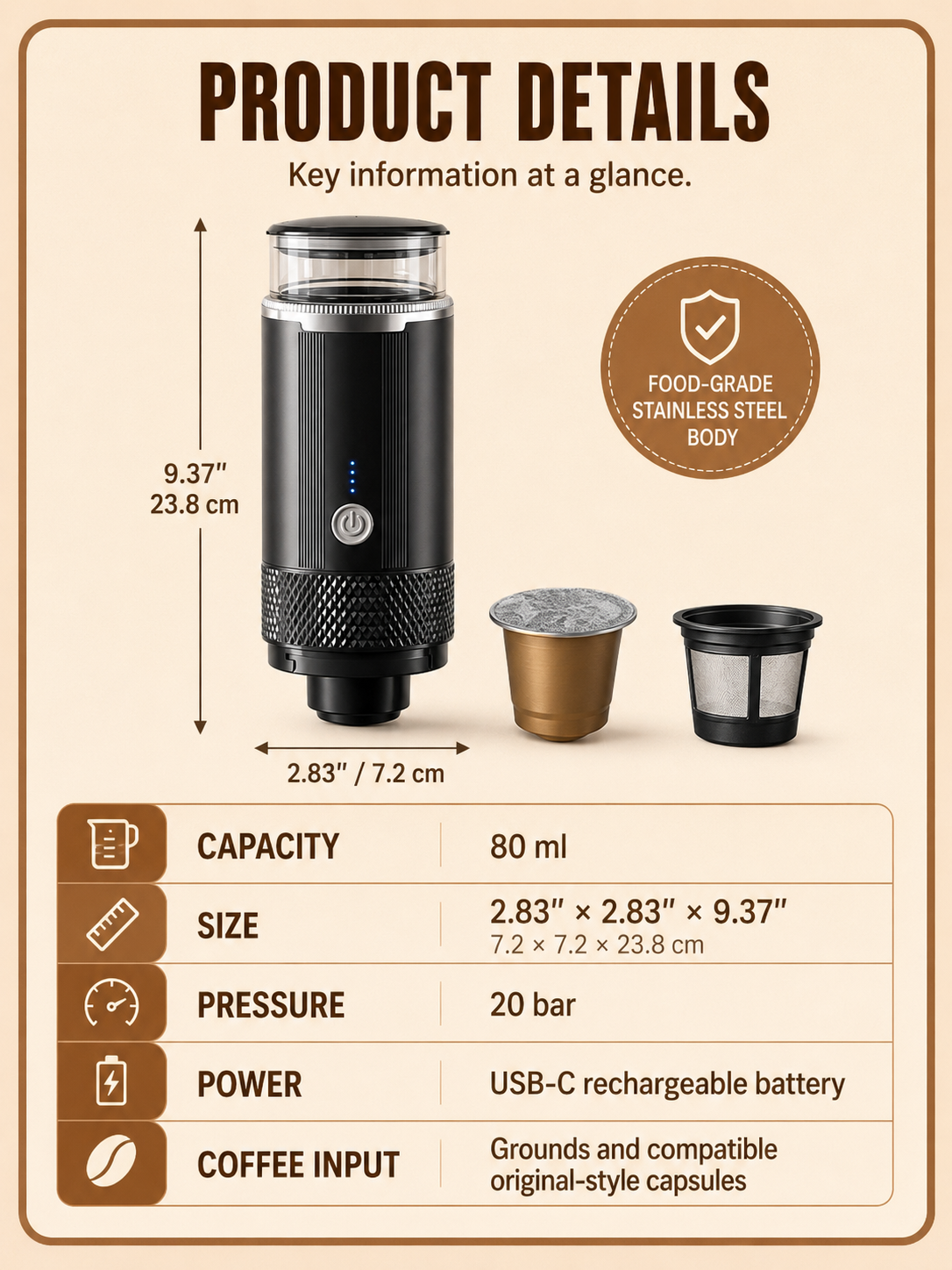 ☕ Portable Espresso Maker 🚀🤎 20 Bar Compact Coffee Machine with USB C Fast Brewing for Home Travel & Office