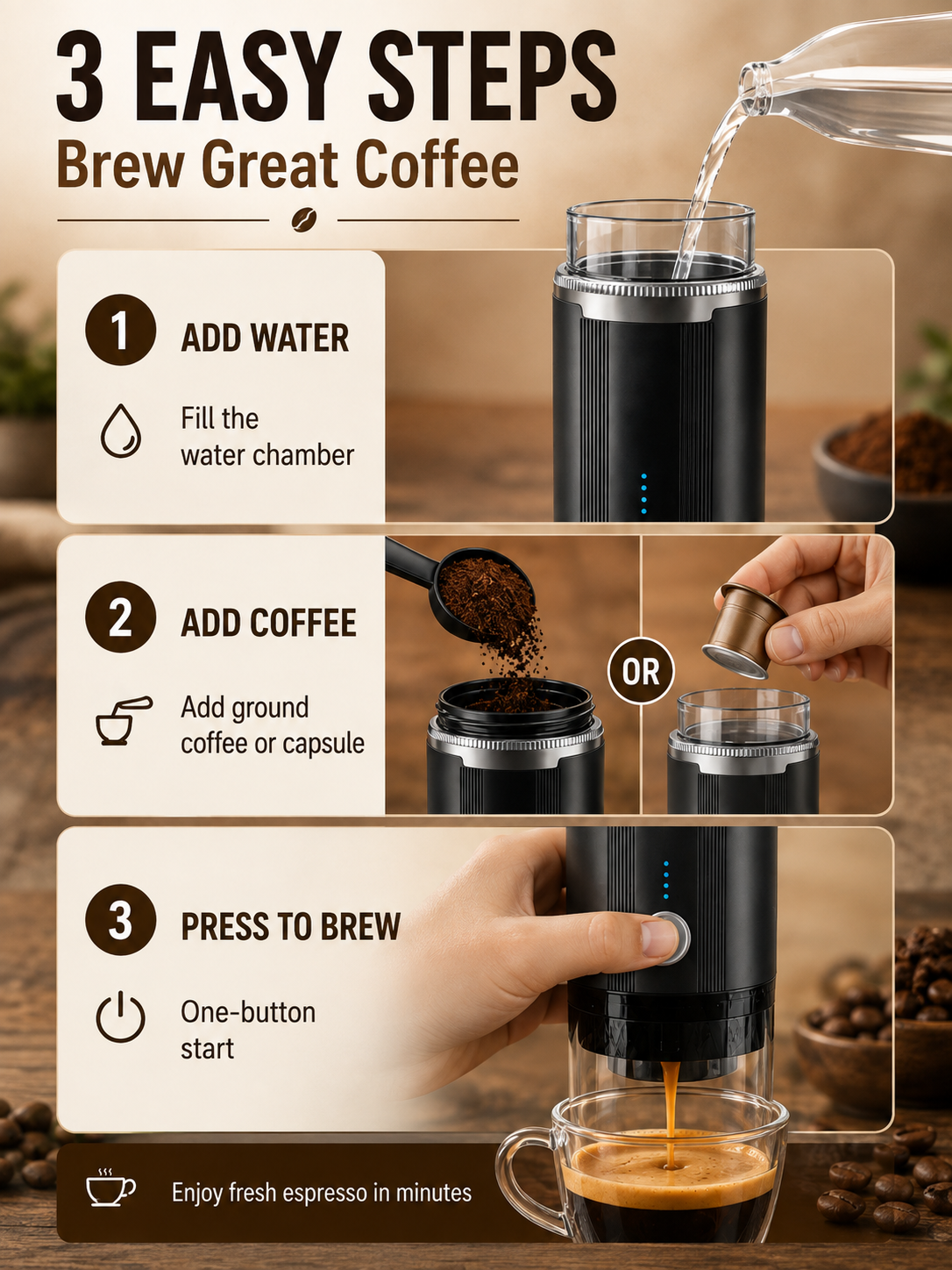 ☕ Portable Espresso Maker 🚀🤎 20 Bar Compact Coffee Machine with USB C Fast Brewing for Home Travel & Office