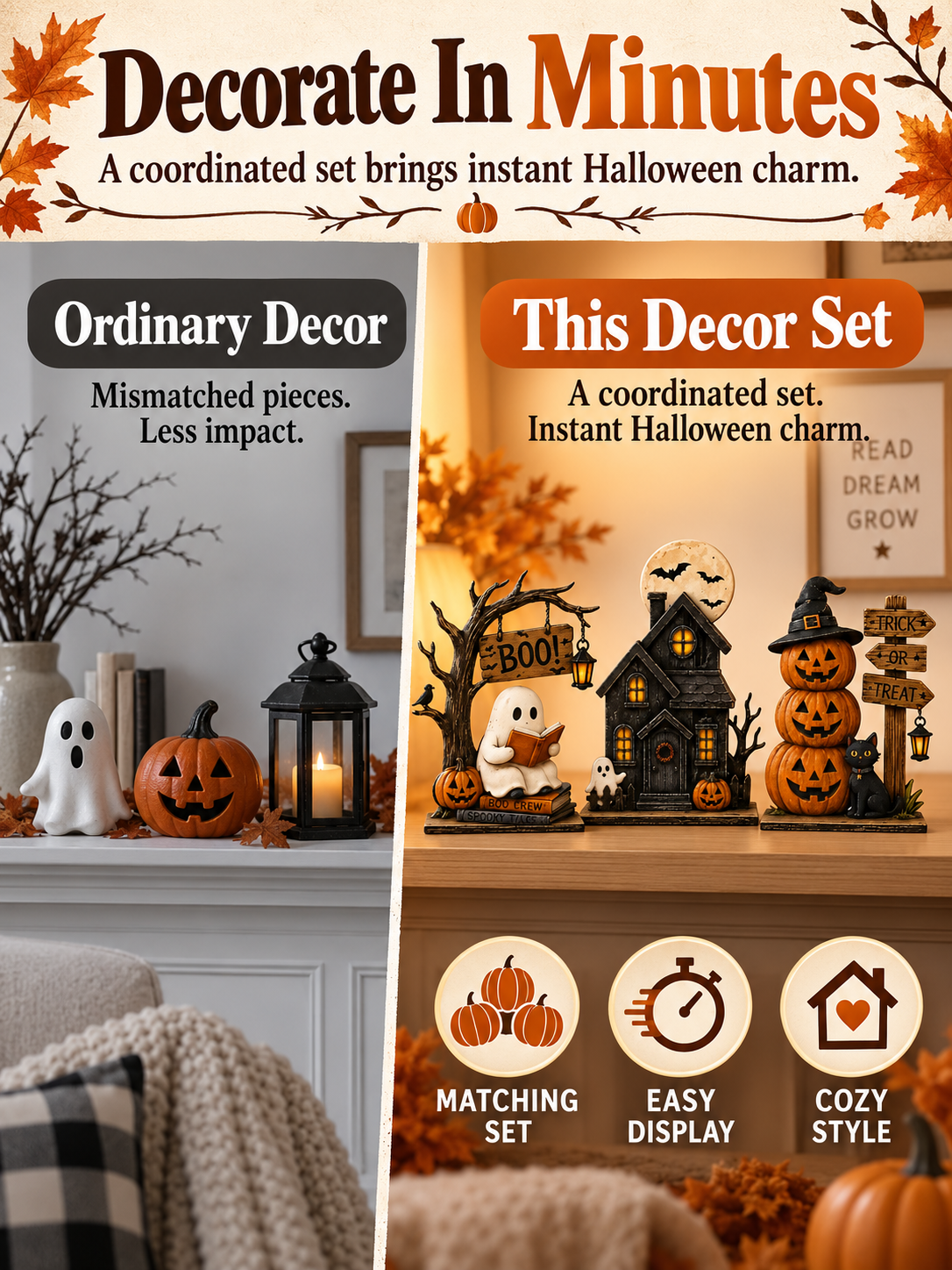 🎃 Halloween Special – Vintage Haunted Village Décor 👻 Cozy Autumn Figurines for Mantel & Table 🖤