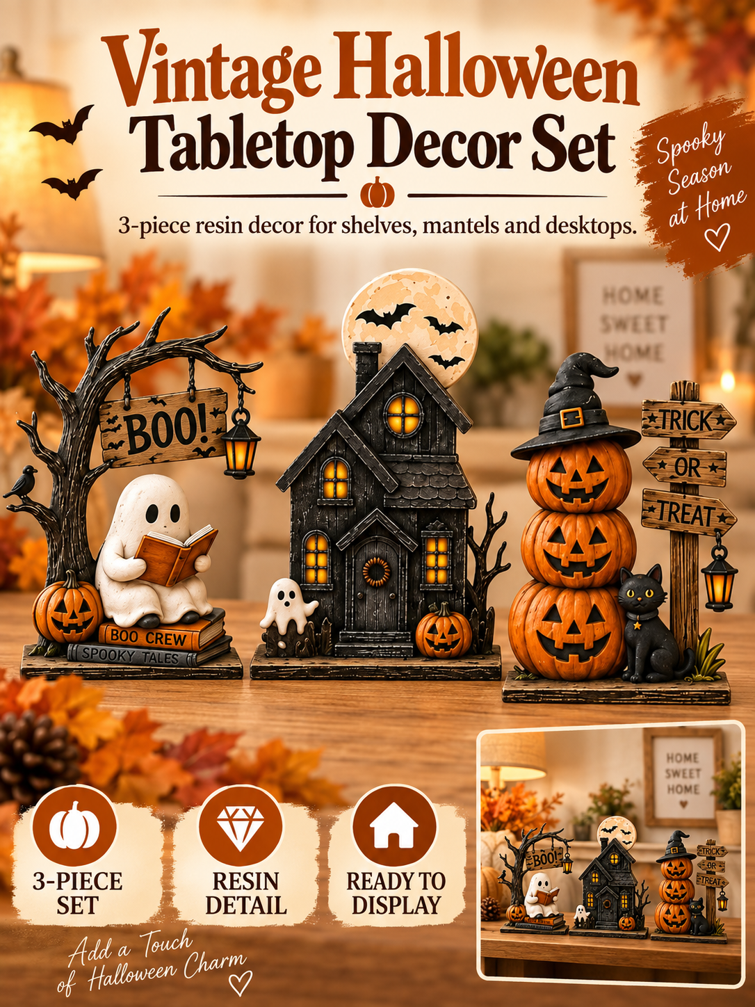 🎃 Halloween Special – Vintage Haunted Village Décor 👻 Cozy Autumn Figurines for Mantel & Table 🖤