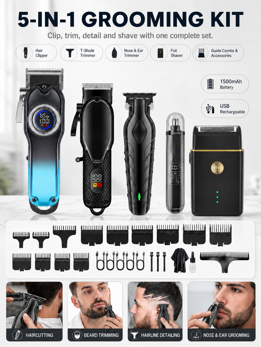 ✂️ Grooming Deal ✨ 5-Piece Cordless Hair Clipper Set with Precision Trimmer & Storage Case