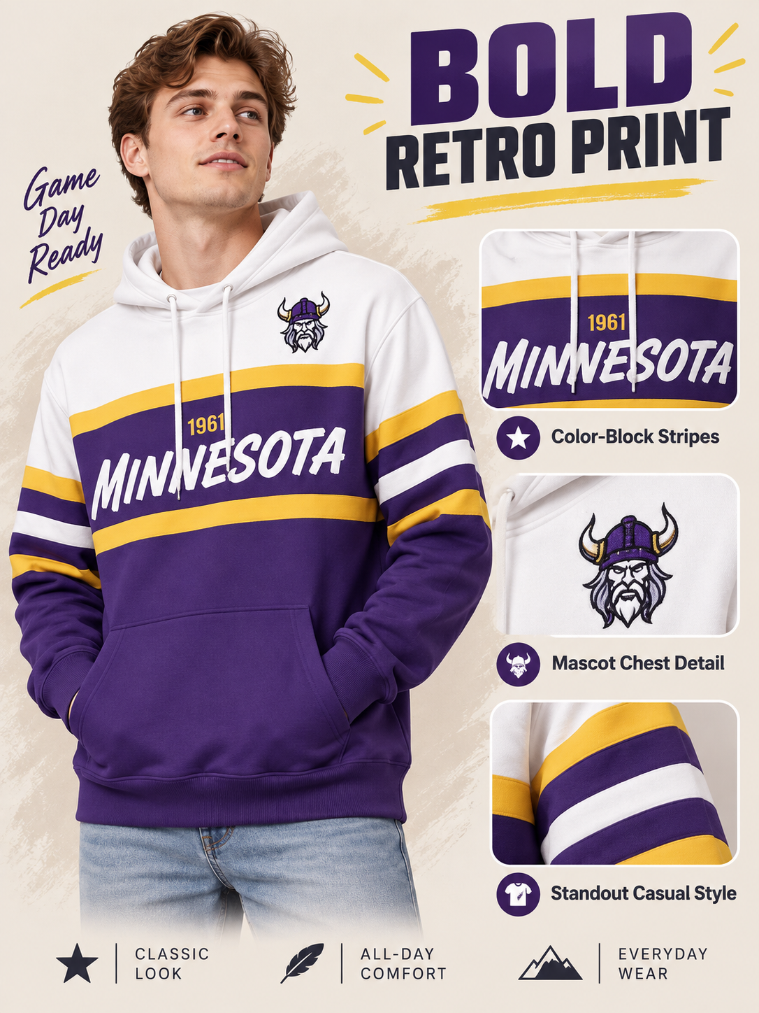 🏈 Game Day Deal – Retro Colorblock Fan Hoodie 🔥 Cozy Long-Sleeve Streetwear for Sports Days & Everyday Looks 👟