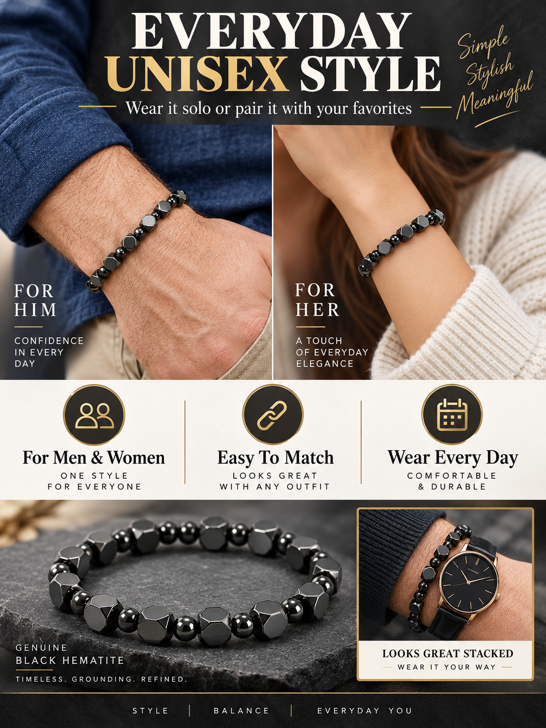 ✨ Style Special – Men’s Hematite Beaded Bracelet 🖤 Minimalist Stone Jewelry for Everyday Wear & Meaningful Gifting 🎁