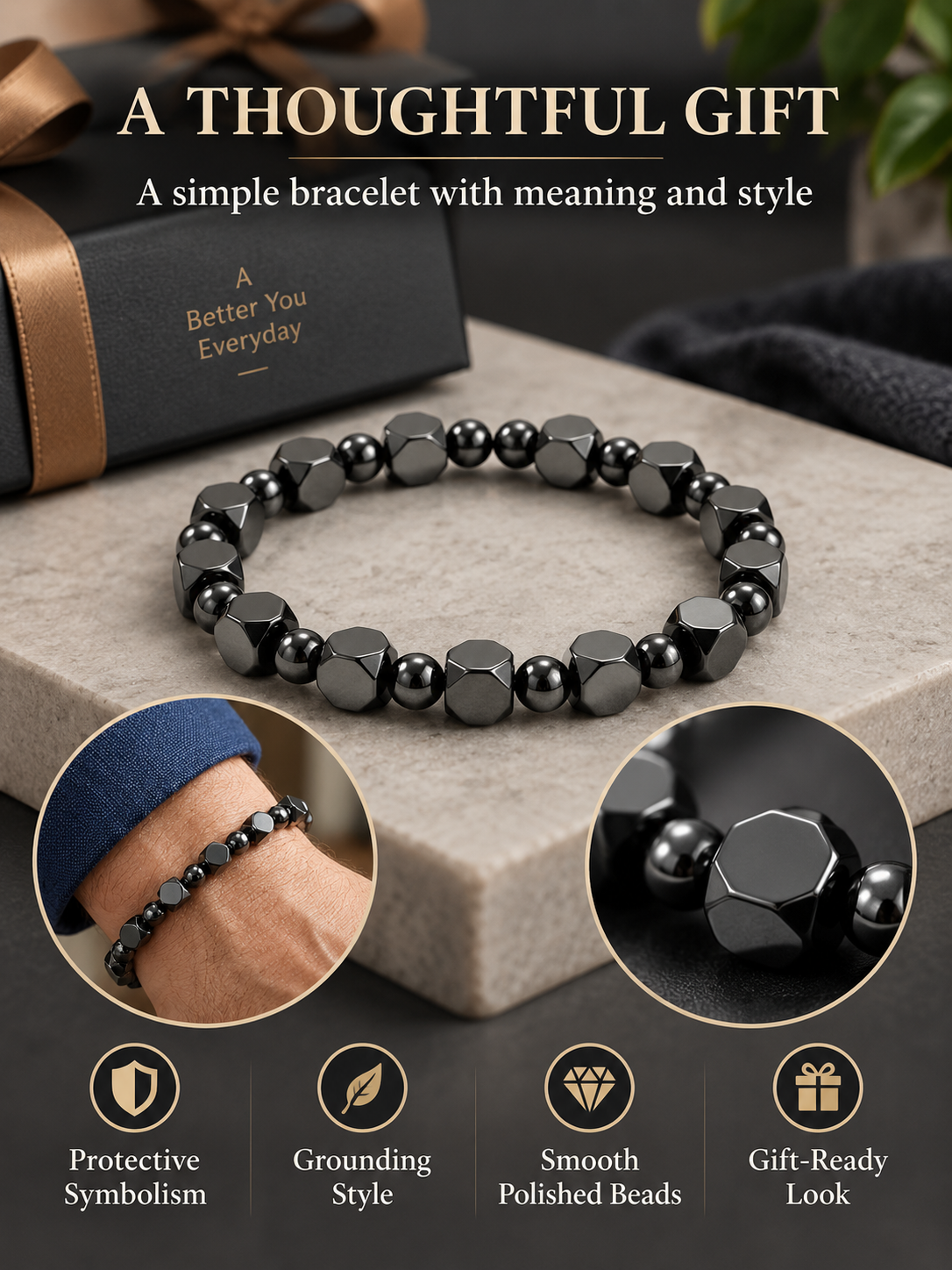 ✨ Style Special – Men’s Hematite Beaded Bracelet 🖤 Minimalist Stone Jewelry for Everyday Wear & Meaningful Gifting 🎁