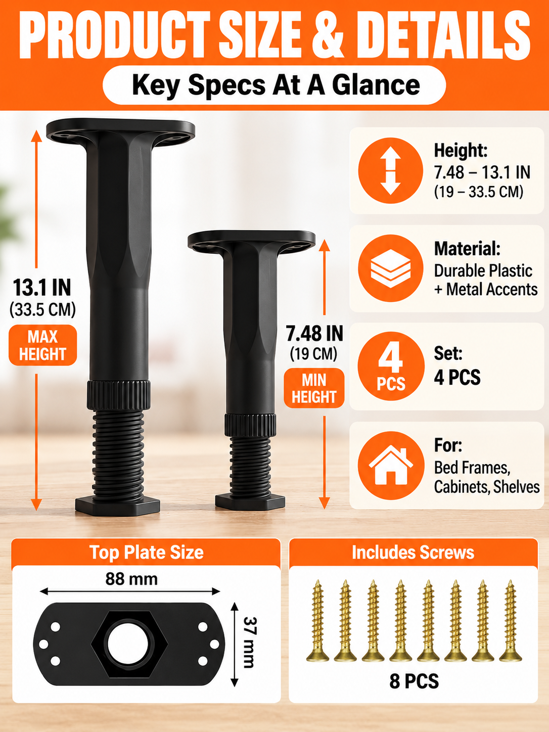 🛠️ Home Upgrade Deal – Adjustable Bed Support Feet 🏠 Heavy-Duty Reinforced Legs for Beds, Cabinets & Shelves 🔩