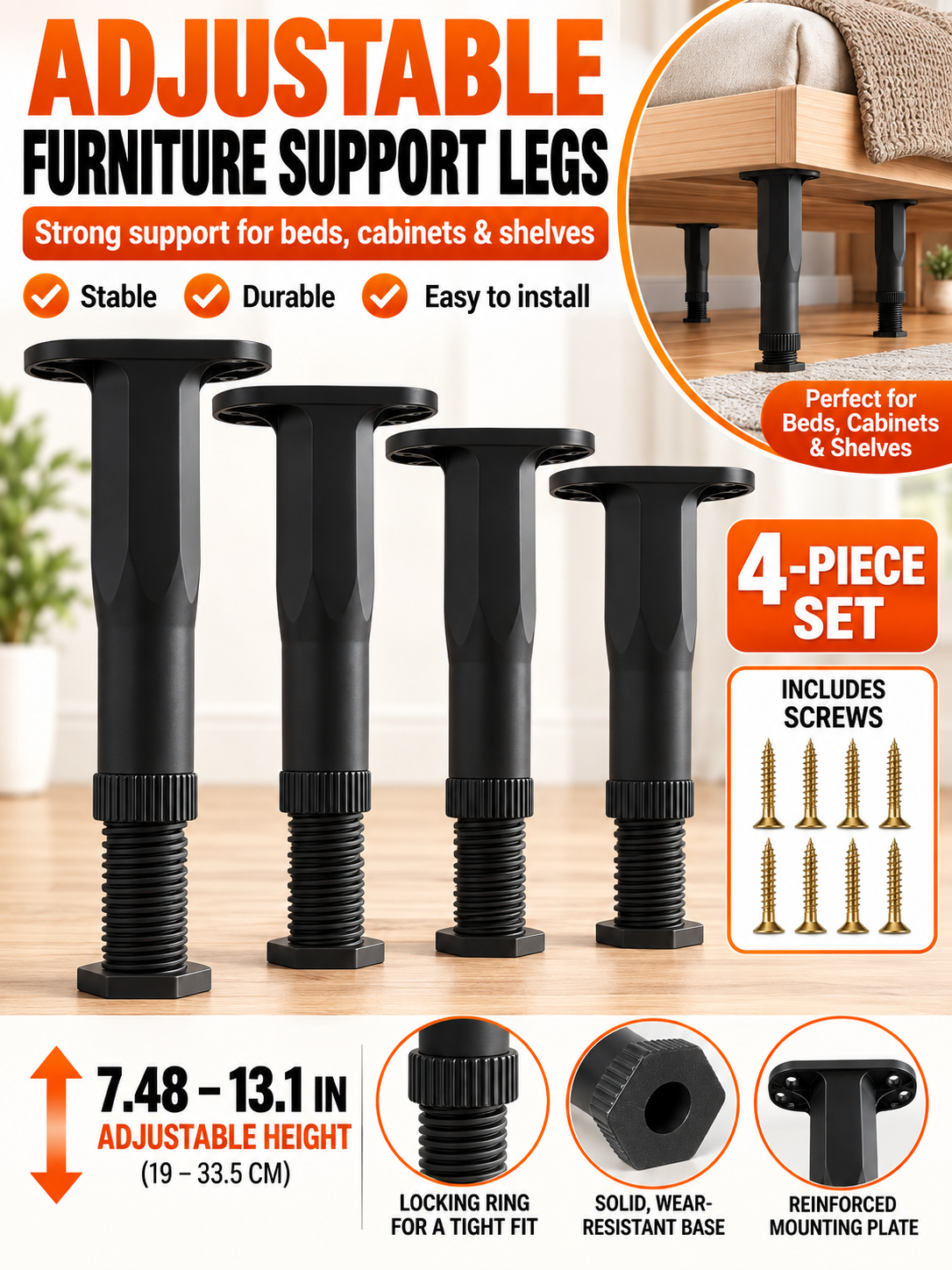 🛠️ Home Upgrade Deal – Adjustable Bed Support Feet 🏠 Heavy-Duty Reinforced Legs for Beds, Cabinets & Shelves 🔩