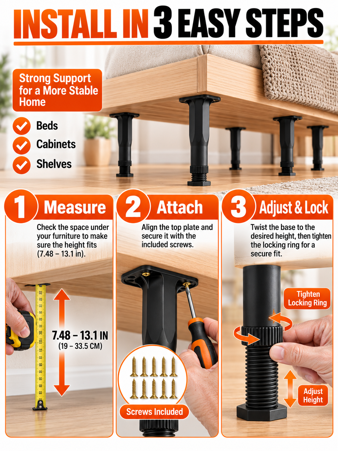 🛠️ Home Upgrade Deal – Adjustable Bed Support Feet 🏠 Heavy-Duty Reinforced Legs for Beds, Cabinets & Shelves 🔩