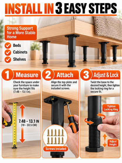 🛠️ Home Upgrade Deal – Adjustable Bed Support Feet 🏠 Heavy-Duty Reinforced Legs for Beds, Cabinets & Shelves 🔩