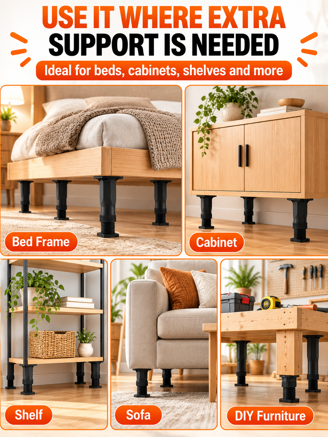 🛠️ Home Upgrade Deal – Adjustable Bed Support Feet 🏠 Heavy-Duty Reinforced Legs for Beds, Cabinets & Shelves 🔩