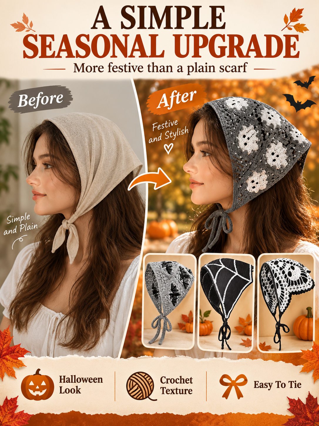 🎃 Halloween Style Deal – Boho Ghost Print Head Scarf 👻 Cute Seasonal Hair Accessory for Festive Looks 🦇