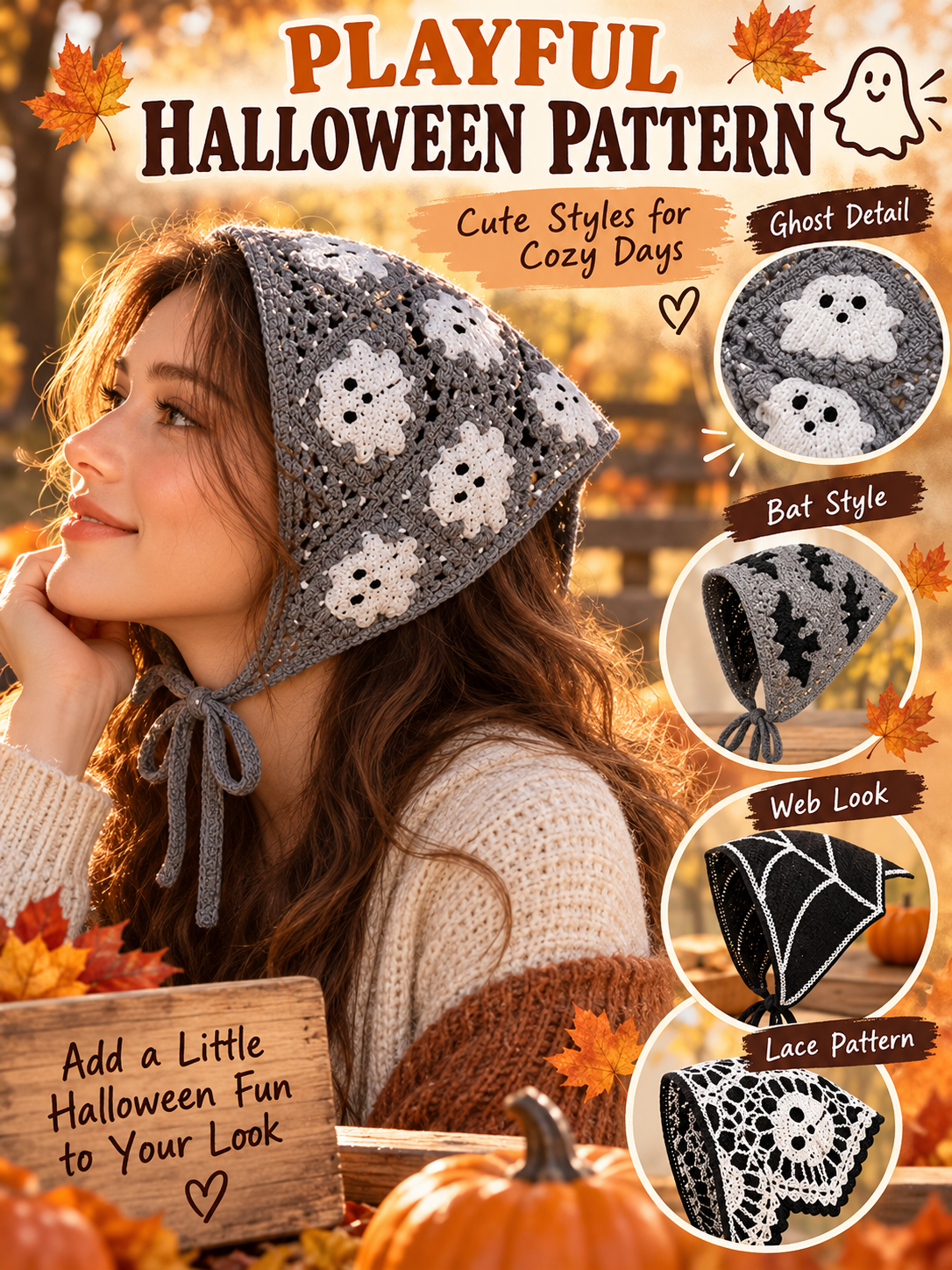 🎃 Halloween Style Deal – Boho Ghost Print Head Scarf 👻 Cute Seasonal Hair Accessory for Festive Looks 🦇