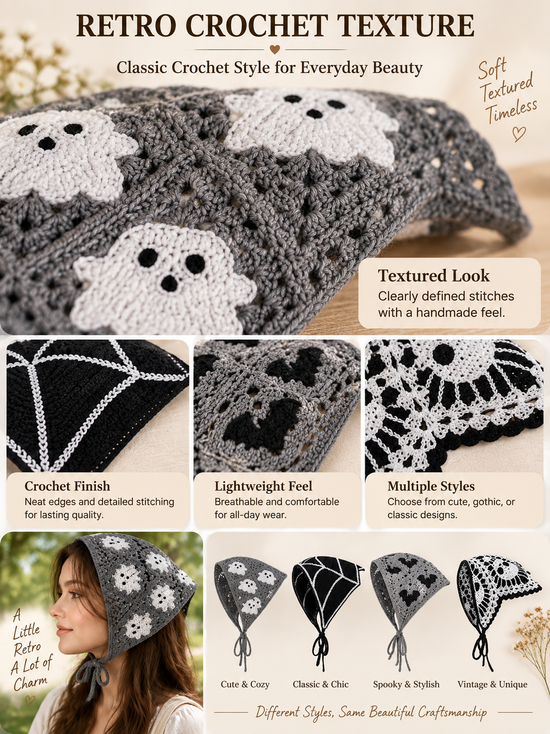 🎃 Halloween Style Deal – Boho Ghost Print Head Scarf 👻 Cute Seasonal Hair Accessory for Festive Looks 🦇